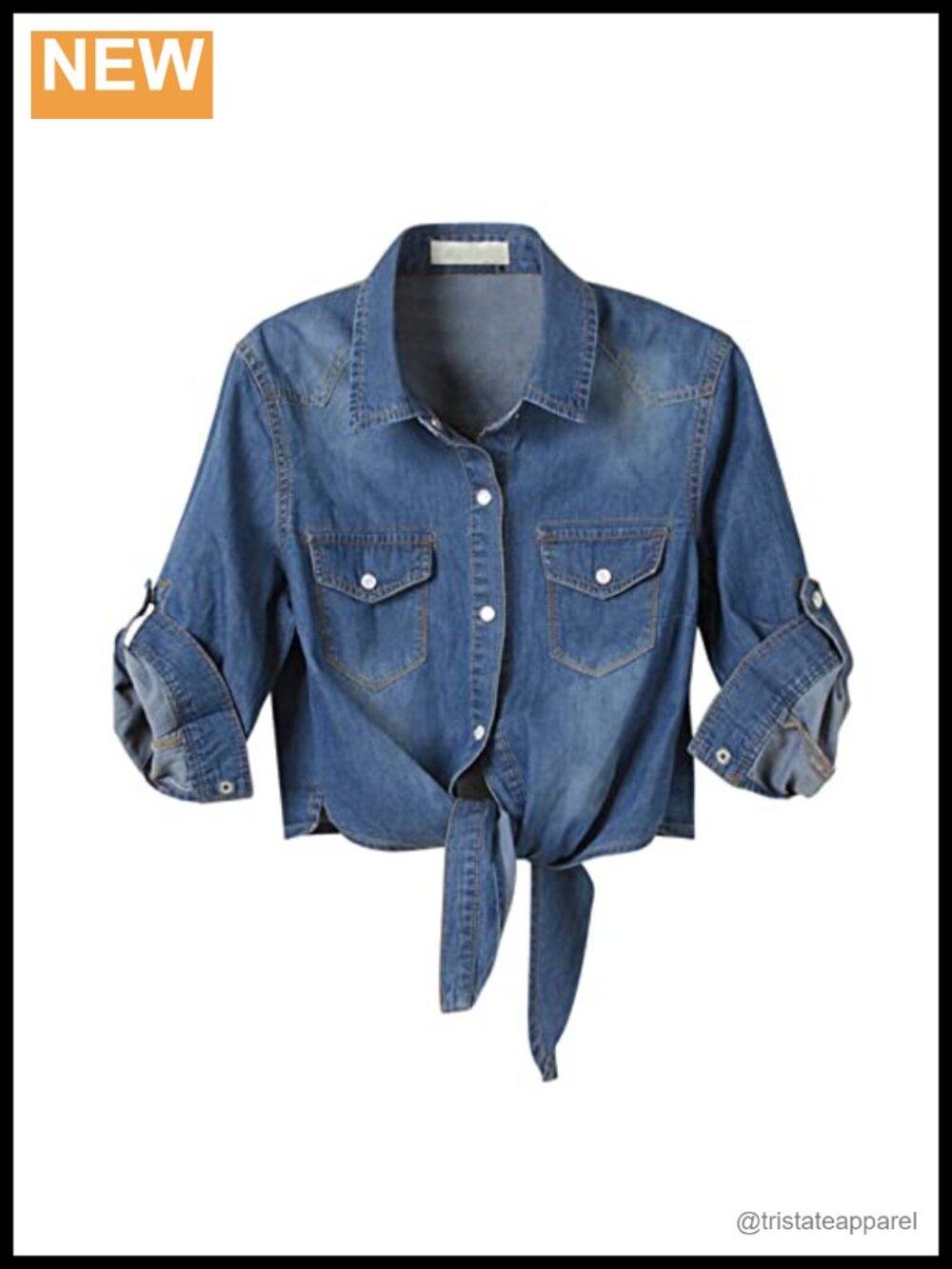 Women's Denim Shirt 3/4 Sleeve Tie Front Top Knot Chambray Cardigan Button Jean